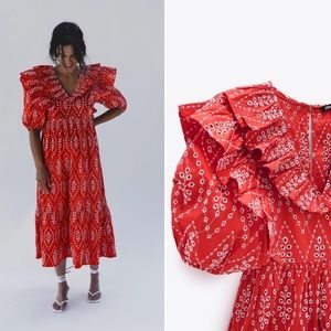 Zara Red Printed Ruffled Puff-Sleeve Maxi Dress
